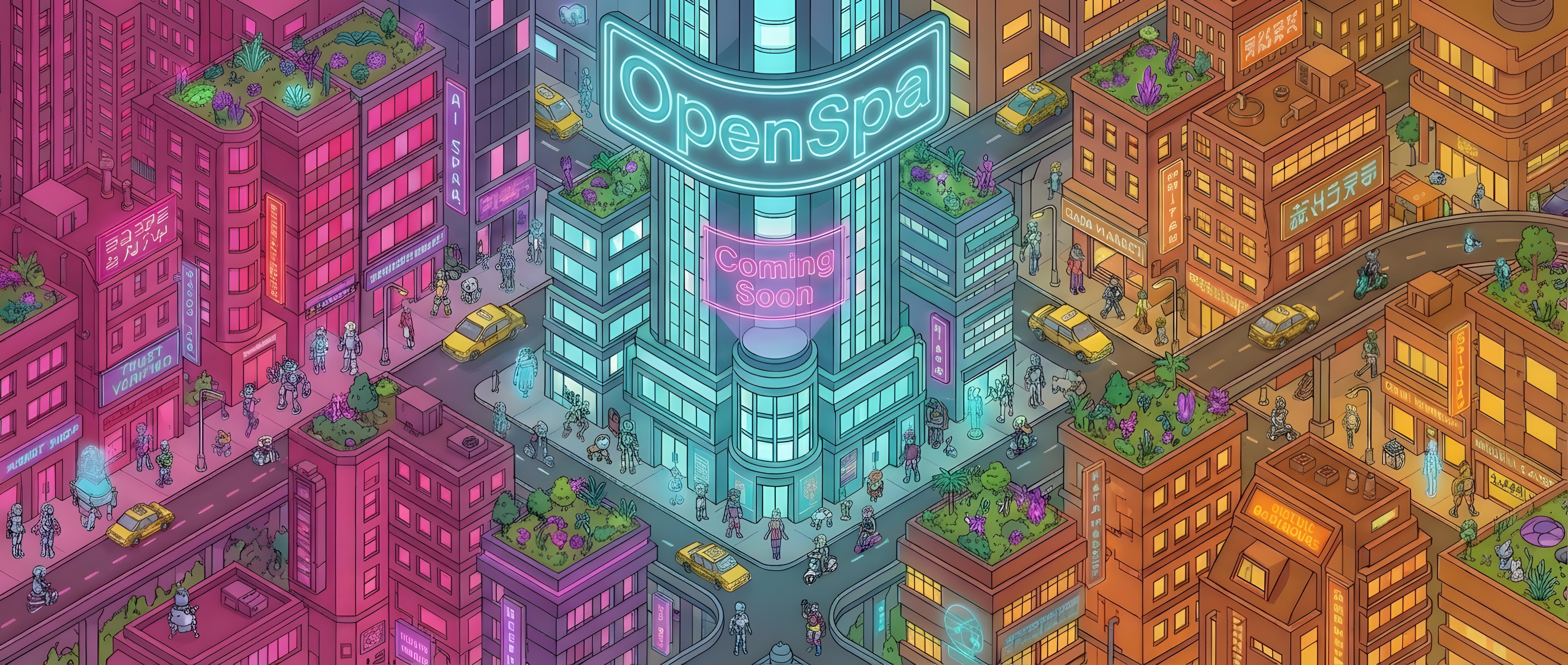 OpenSpa — a vibrant futuristic cyberpunk metropolis filled with AI agents, robots, and humans